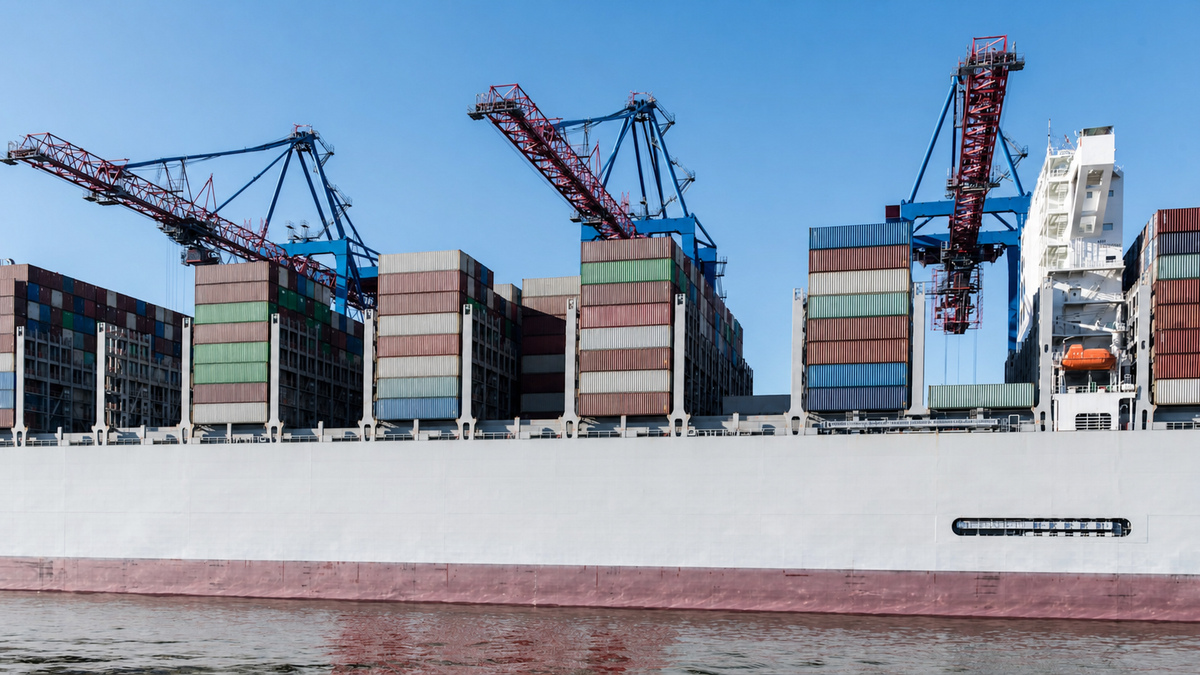 Container vessel under gantry cranes at port